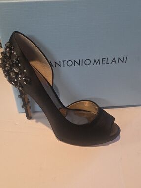 ANTONIO MELANI Black Satin Peep-Toe Heel with Jeweled Back